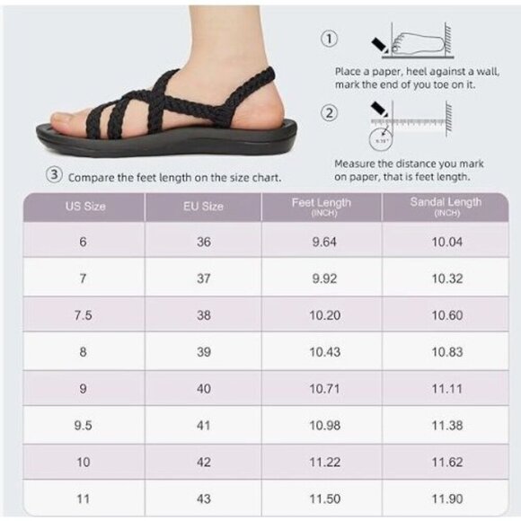 Megnya Women's Black Braided Rope Walking Sandals with Arch Support Size 10 - Picture 10 of 10